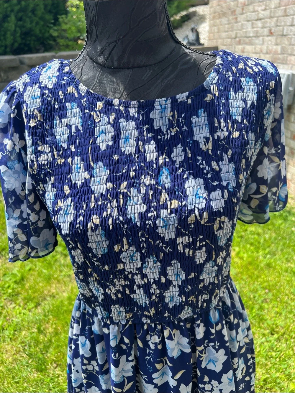 Navy Blue Floral Maxi Dress with Smocked Waist - Picture 2 of 4